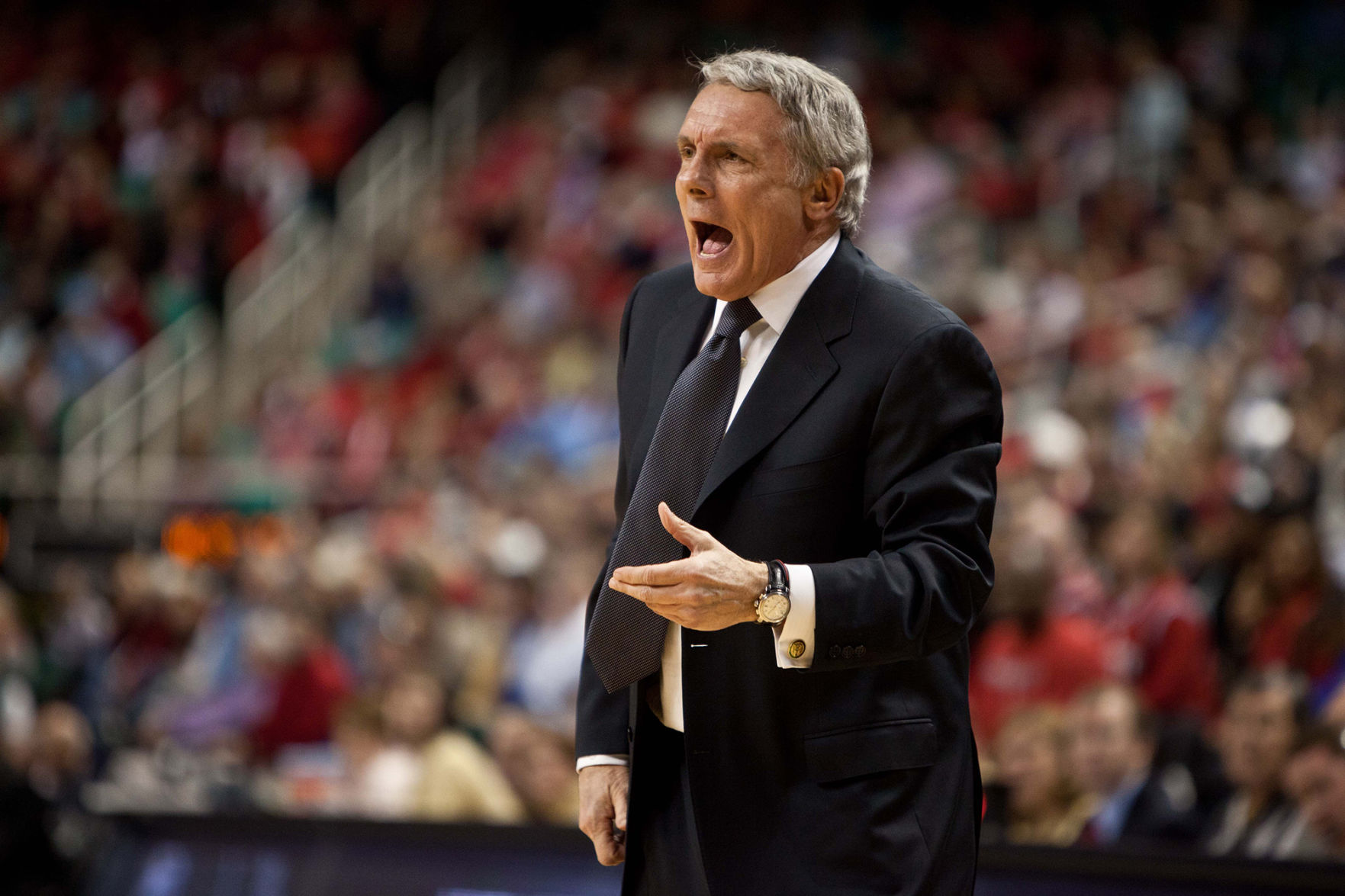 Maryland head coach Gary Williams on the court during first round the 2011 ACC men's basketball tournament at the Greensboro Coliseum on March 10, 2011 in Greensboro, N.C.
